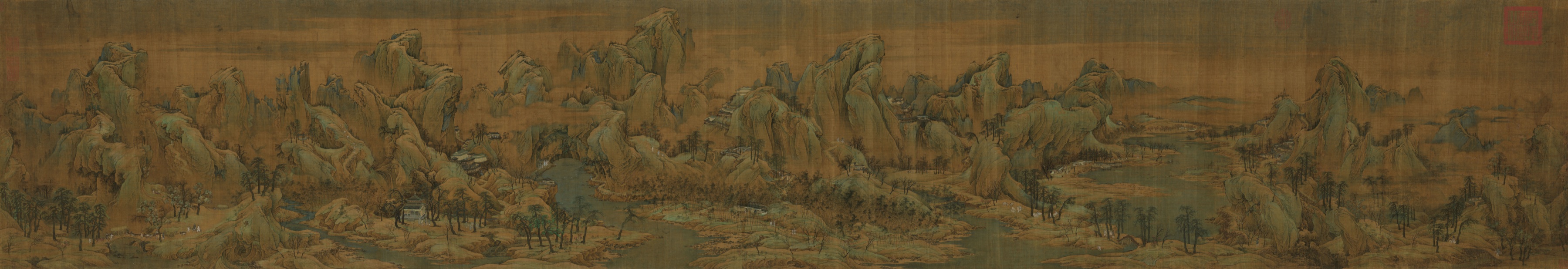 Mountains, rivers and villages in Autumn Colors on Rivers and Mountains by Zhao Boju, Southern Song dynasty.